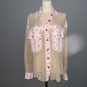 POL FLORAL & CROCHET LACE BOHO SHACKET - PATCHWORK - PINK & BEIGE - FRAYED - M